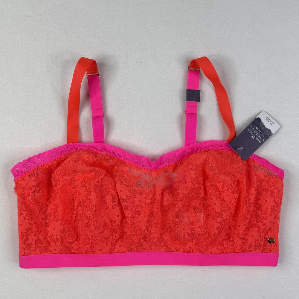 Cacique Bra Womens 40F Orange Pink Lace Unlined Bandeau Sheer Plus Size NEW
